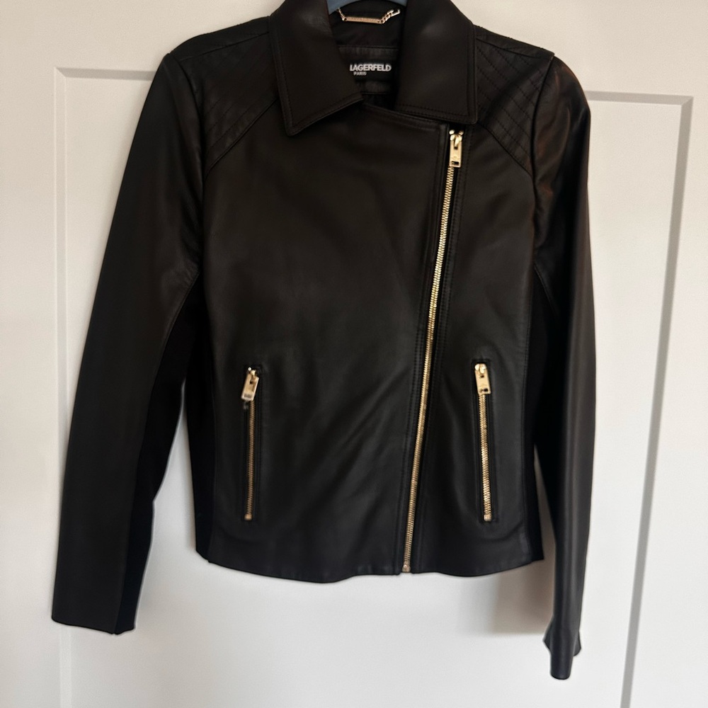 Karl Lagerfeld Black Leather Jacket with Gold Accents